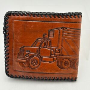 Vintage Hand Tooled Brown Leather Trucker Wallet Bifold Semi Truck Whipstitch